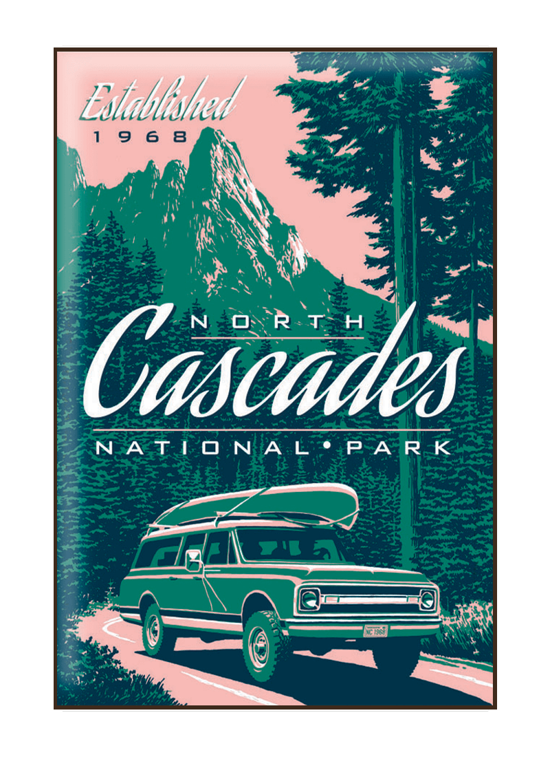 north-cascades-liberty-mountian-magnet-border Illustration of vintage car at Liberty Mountain in North Cascades National Park