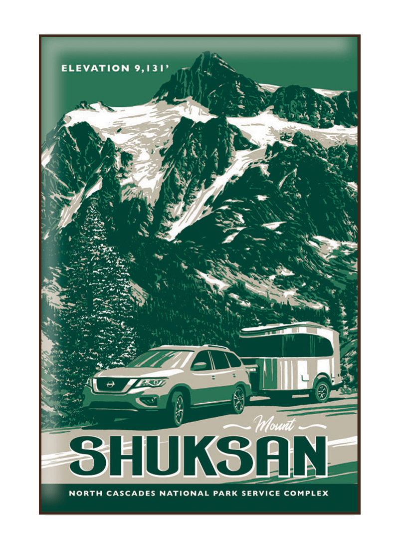 north-cascades-mount-shuksan-magnet-border Illustration of vintage car at Mount Shuksan in North Cascades National Park