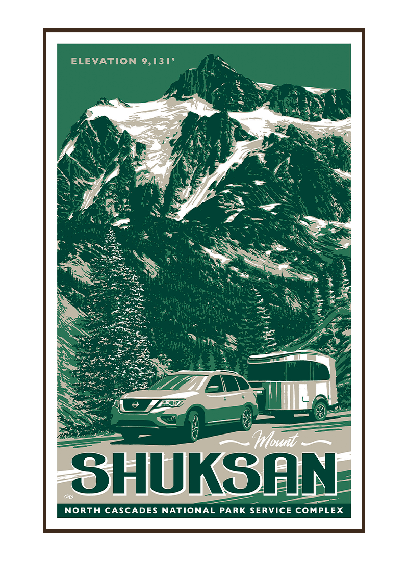 north-cascades-mount-shuksan-poster-border Illustration of vintage car at Mount Shuksan in North Cascades National Park