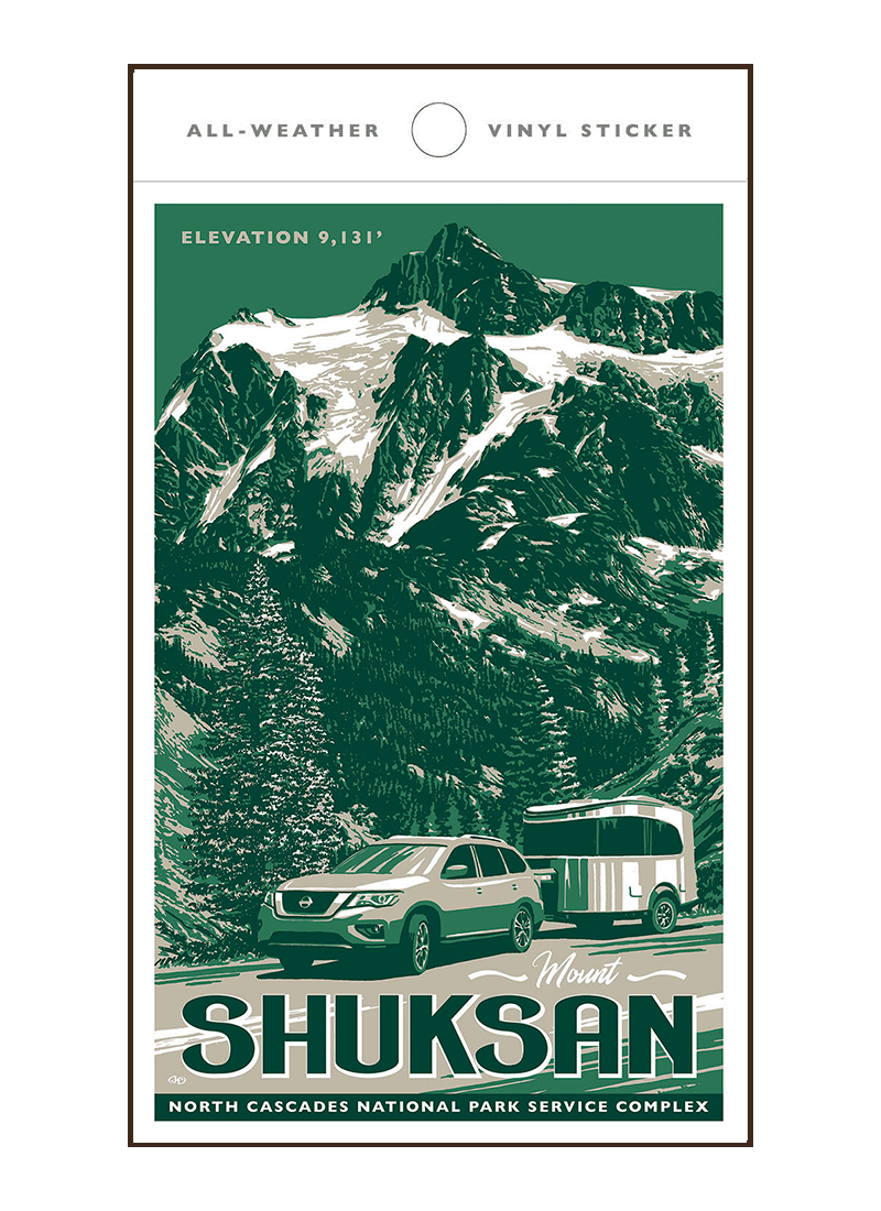 north-cascades-mount-shuksan-sticker-border Illustration of vintage car at Mount Shuksan in North Cascades National Park