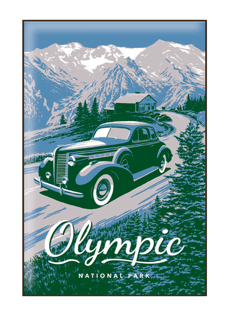 olympic-national-park-magnet-border Illustration of vintage car at Hurricane Ridge in Olympic National Park