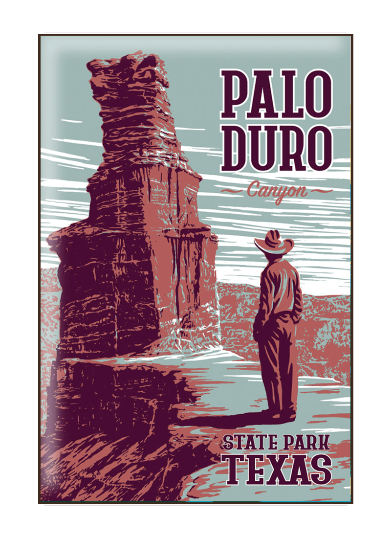 palo-duro-canyon-state-park-magnet-border Vintage-style illustration of tourist at Palo Duro Canyon State Park