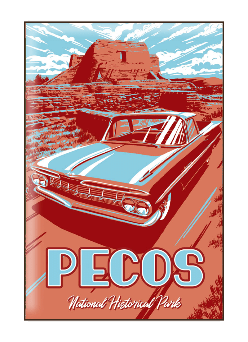 pecos-national-historical-park-magnet-border Illustration of vintage car at Pecos National Historical Park