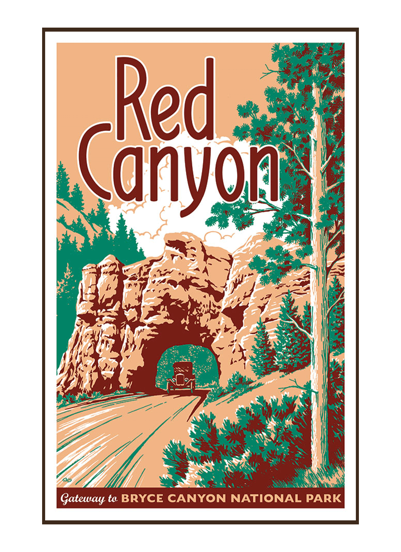 red-canyon-poster-border Illustration of vintage car at Red Canyon Utah