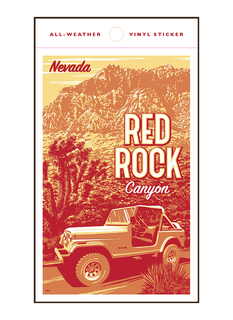 red-rock-canyon-sticker-border Illustration of jeep at Red Rock Canyon Nevada