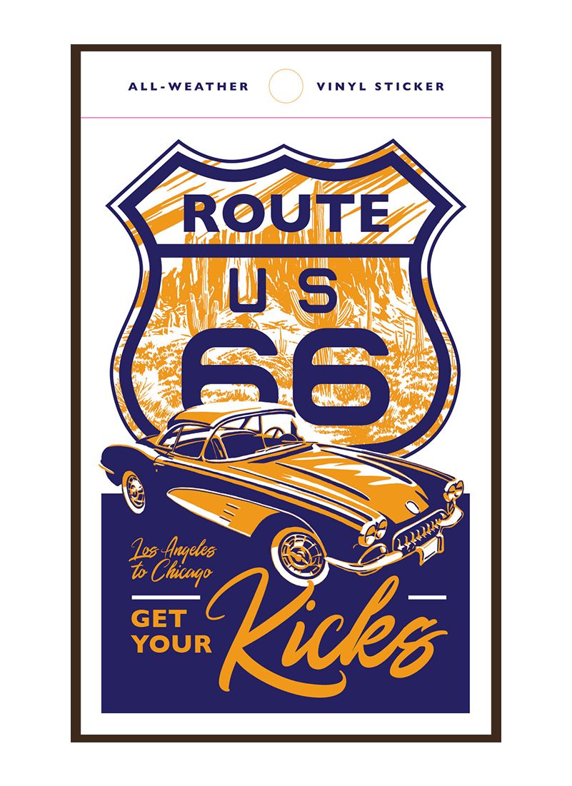 route-66-sticker-border Illustration of vintage car driving on Route 66