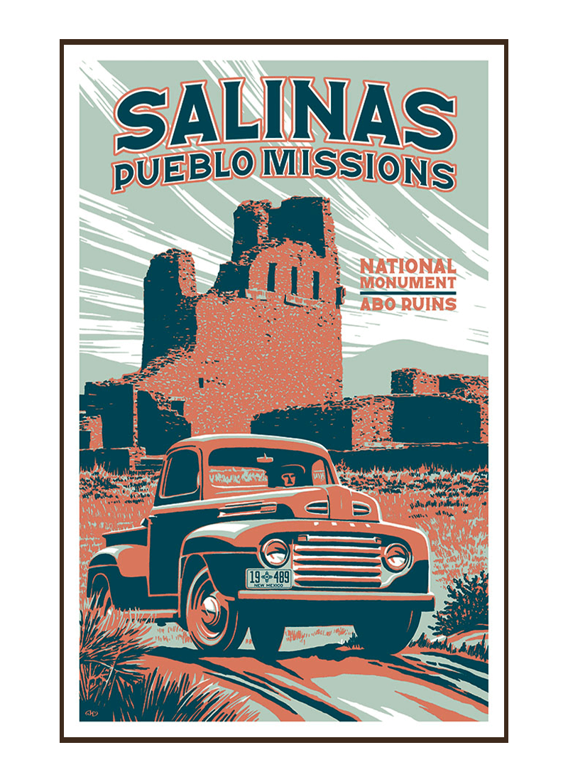 salinas-pueblo-missions-poster-border Illustration of vintage car at Salinas Pueblo Missions National Monument
