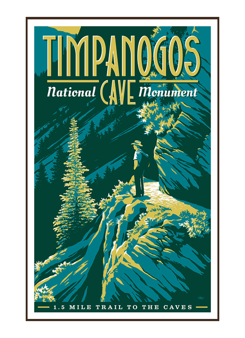 timpanogos-cave-trail-poster-border Vintage-style illustration of tourists at Timpanogos Cave National Monument