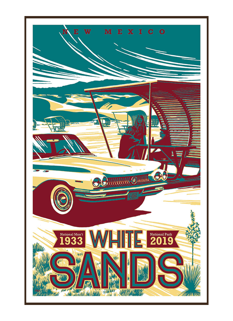 white-sands-national-park-poster-border Illustration of vintage car and family picnic at White Sands National Park