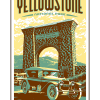 Illustration of vintage car at Roosevelt Arch in Yellowstone National Park