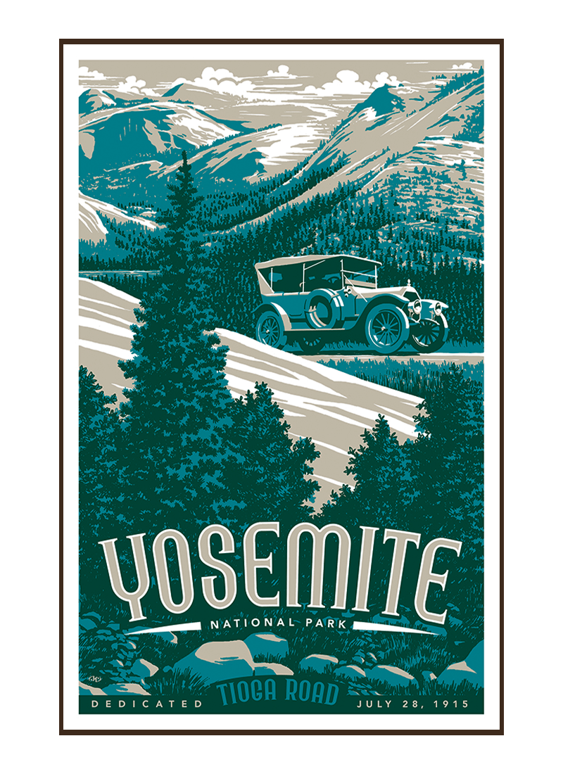 yosemite-national-park-poster-border Illustration of vintage car at Yosemite National Park